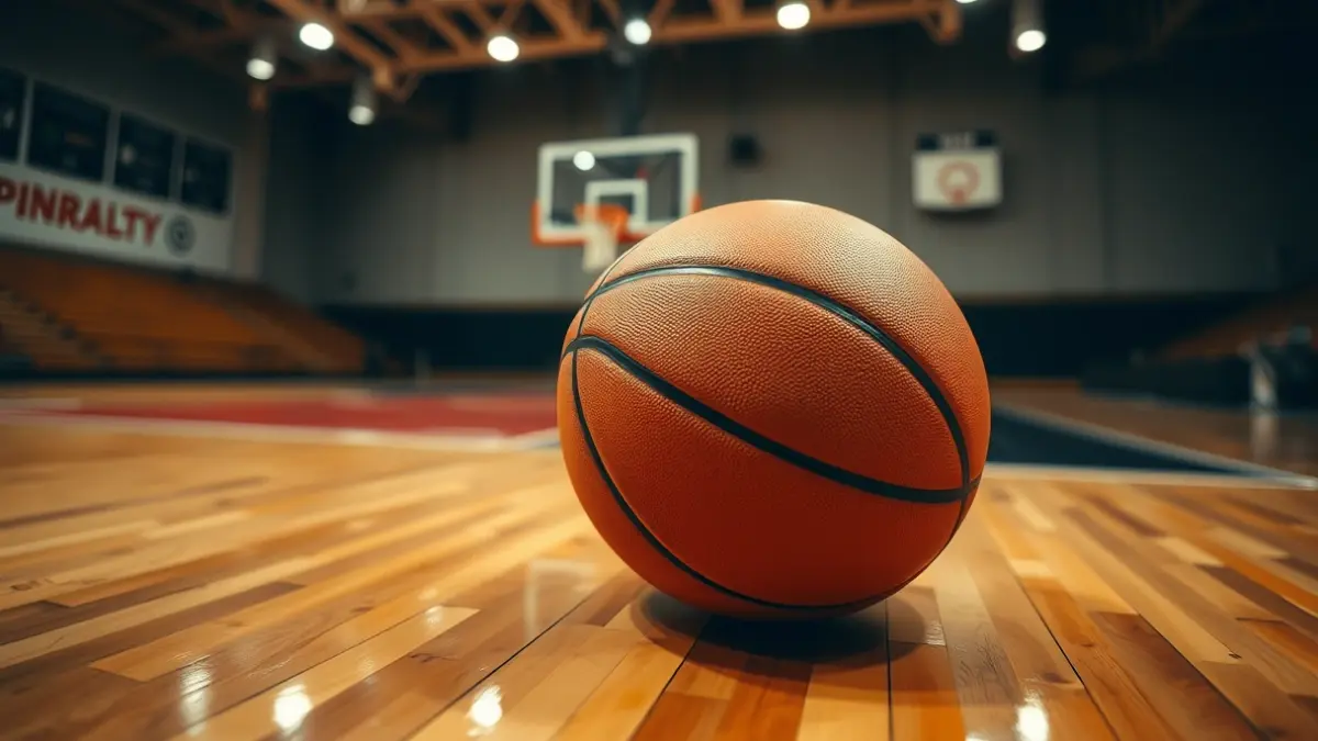 Generic image of a basketball on a court, with the hoop blurred in the background.