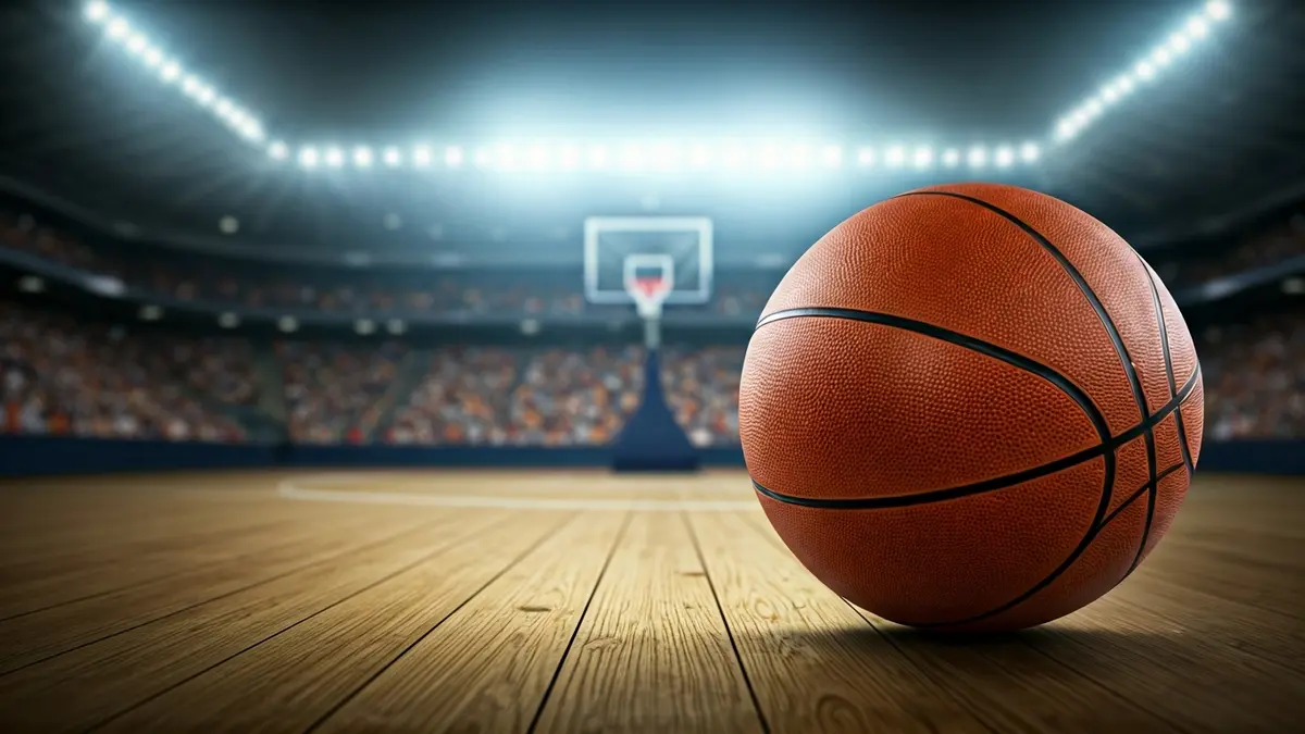 Saskibaloi baloi baten irudi generikoa kantxa batean, atzealdean argi lausoak dituela.