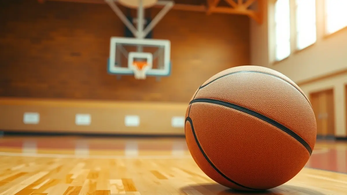 Imagen genérica de un balón de baloncesto en una cancha, con la canasta desenfocada al fondo.