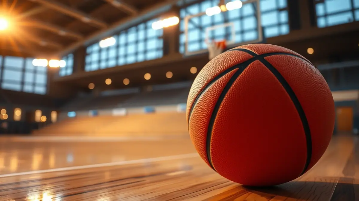 Saskibaloi baloi baten irudi generikoa zoru leundu batean, atzealdean saskia eta estadioaren argiak lausotuta.