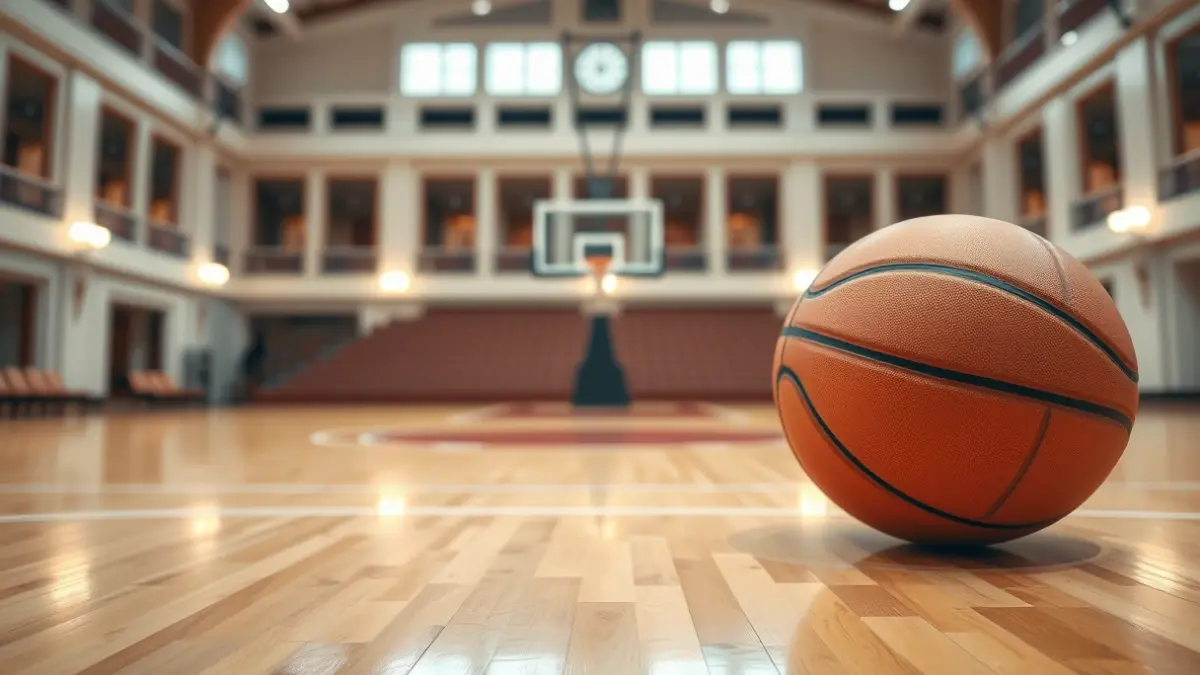 A basketball on a court, with a blurred background of a palace interior, with celebratory lighting.