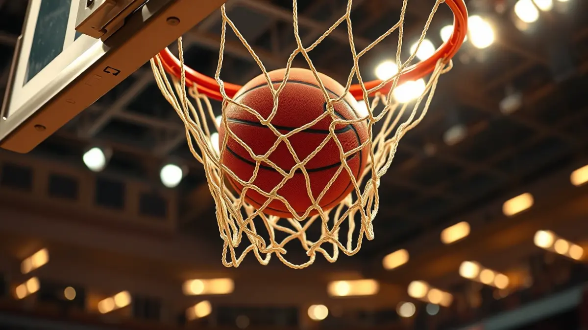 Generic image of a basketball passing through a net, with blurred stadium lights in the background.
