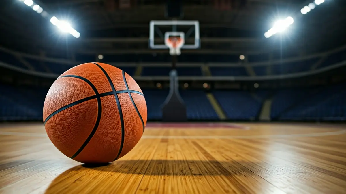 Imagen genérica de un balón de baloncesto sobre una cancha pulida, con el aro y los asientos del estadio difuminados al fondo.