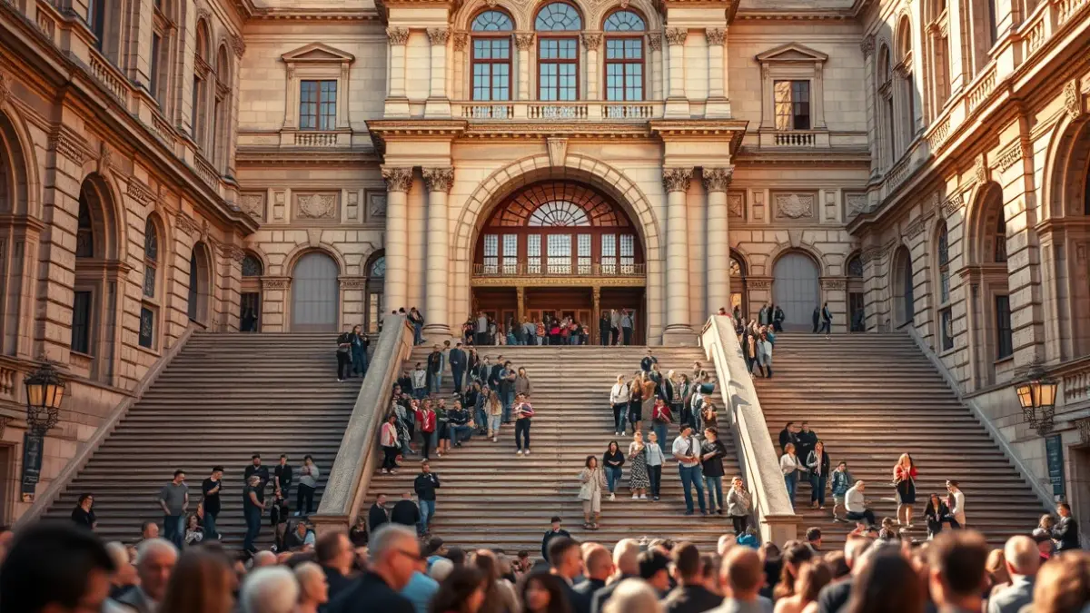 Generic image of a crowd gathered on the steps of Bilbao City Hall, in a celebratory atmosphere.