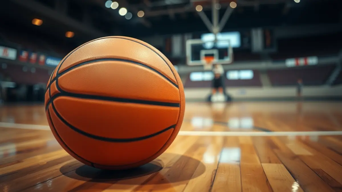 Balón de baloncesto sobre la cancha, con el aro desenfocado al fondo.