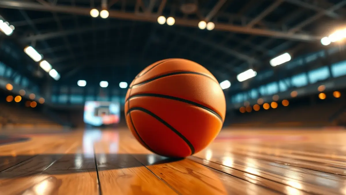 Generic image of a basketball on a wooden court, with blurred stadium lights in the background.