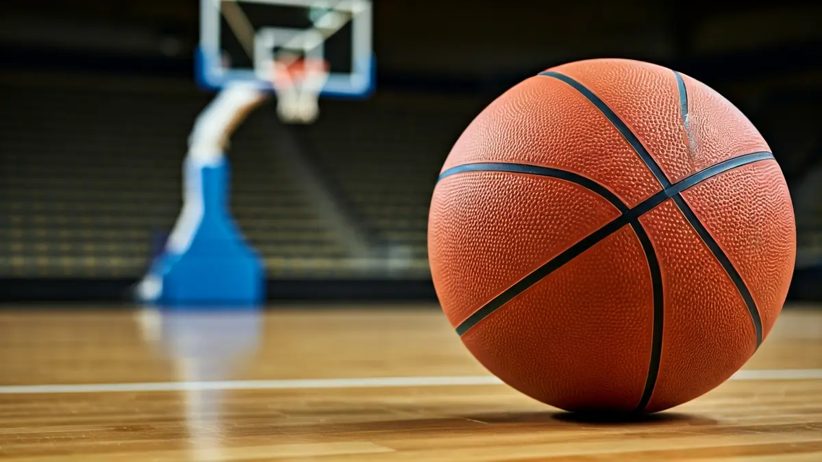 Balón de baloncesto en una cancha de madera, con el aro desenfocado al fondo.