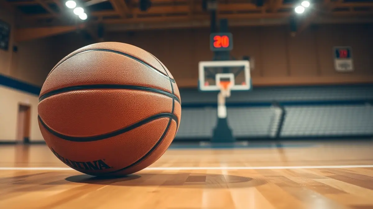 Generic image of a basketball on a court, with a blurred hoop in the background.