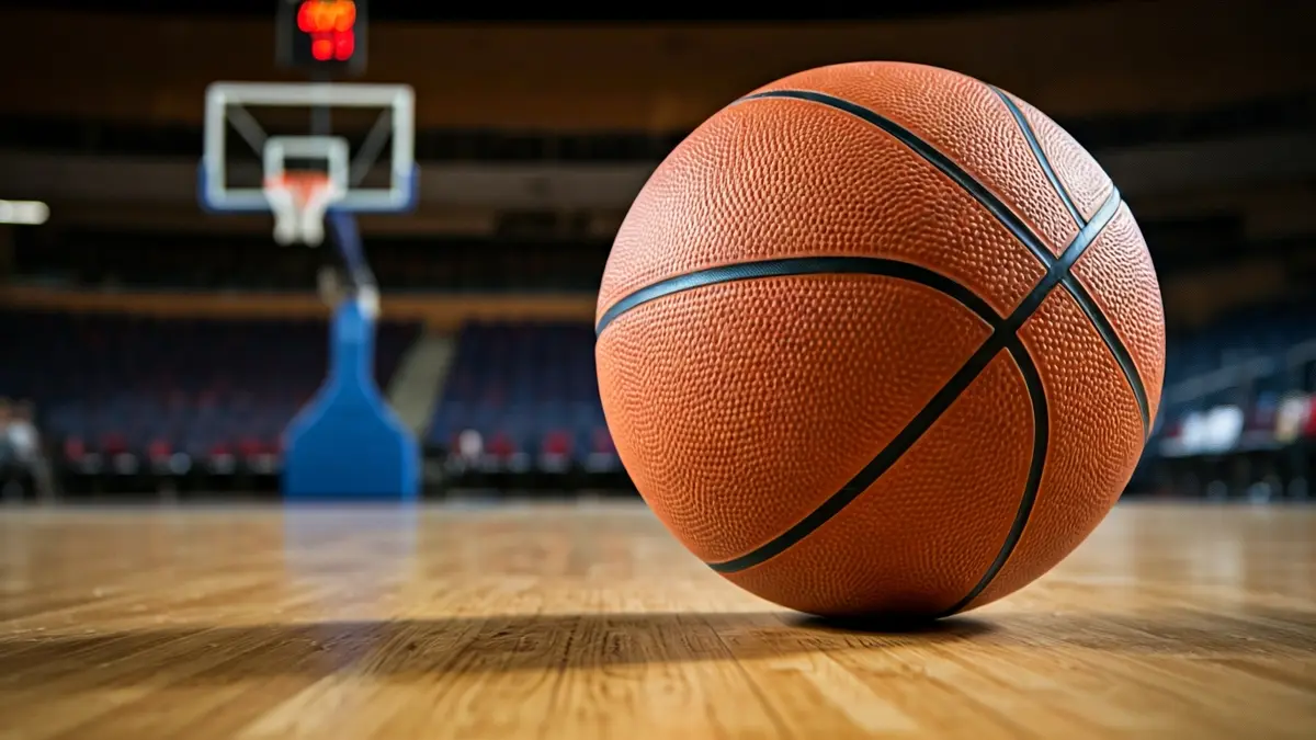 Imagen genérica de un balón de baloncesto en una cancha pulida, con el aro de baloncesto difuminado al fondo.