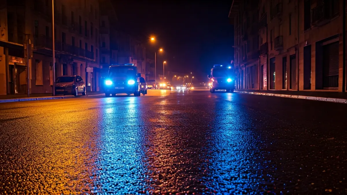 Irudi generikoa, larrialdi-argiak asfalto hezean islatzen direnak gauez.