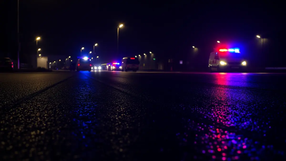 Luces de emergencia azules y rojas reflejándose en asfalto mojado por la noche, en una zona industrial de una ciudad de Euskadi.