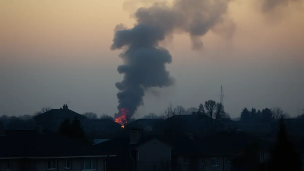 Imagen genérica de una columna de humo sobre una zona residencial al amanecer, con edificios borrosos.