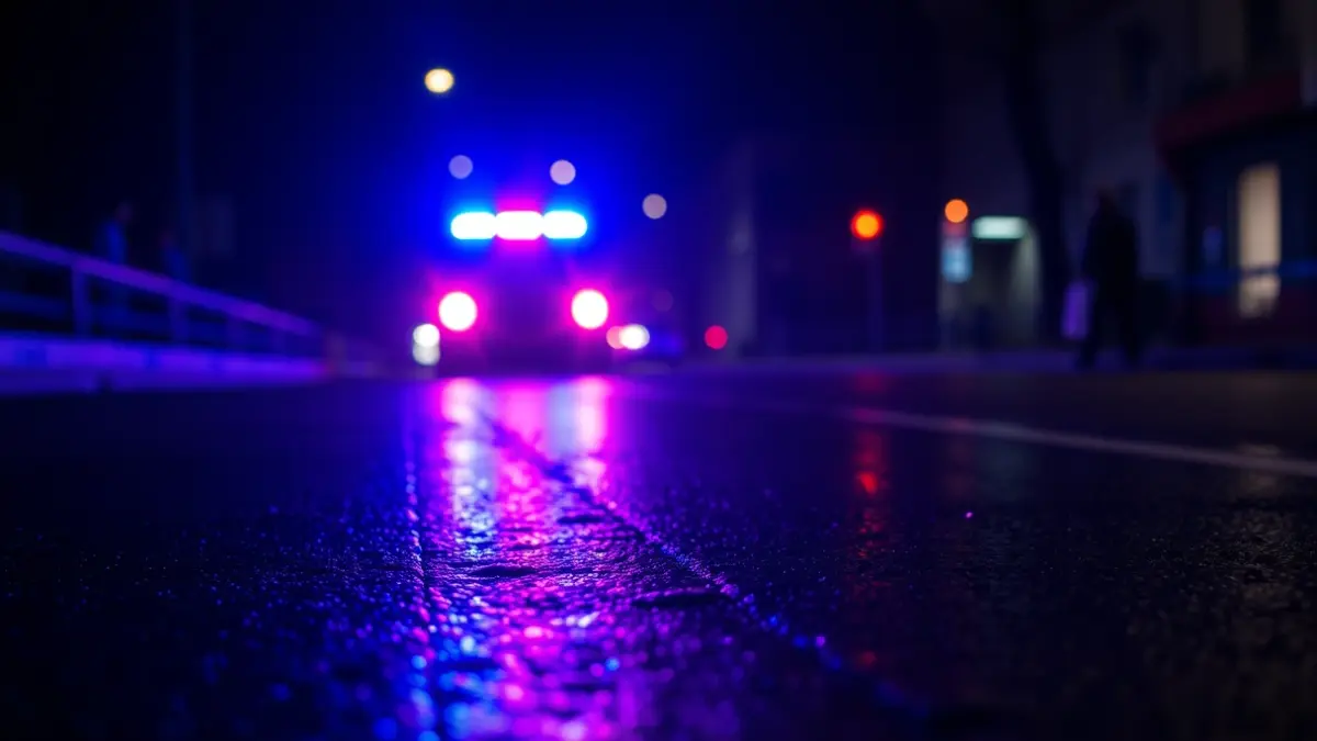Generic image: Emergency lights reflecting on wet asphalt at night.