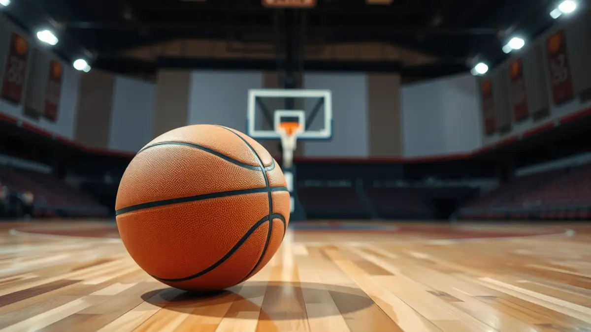 A basketball on a court, with a blurred hoop in the background.