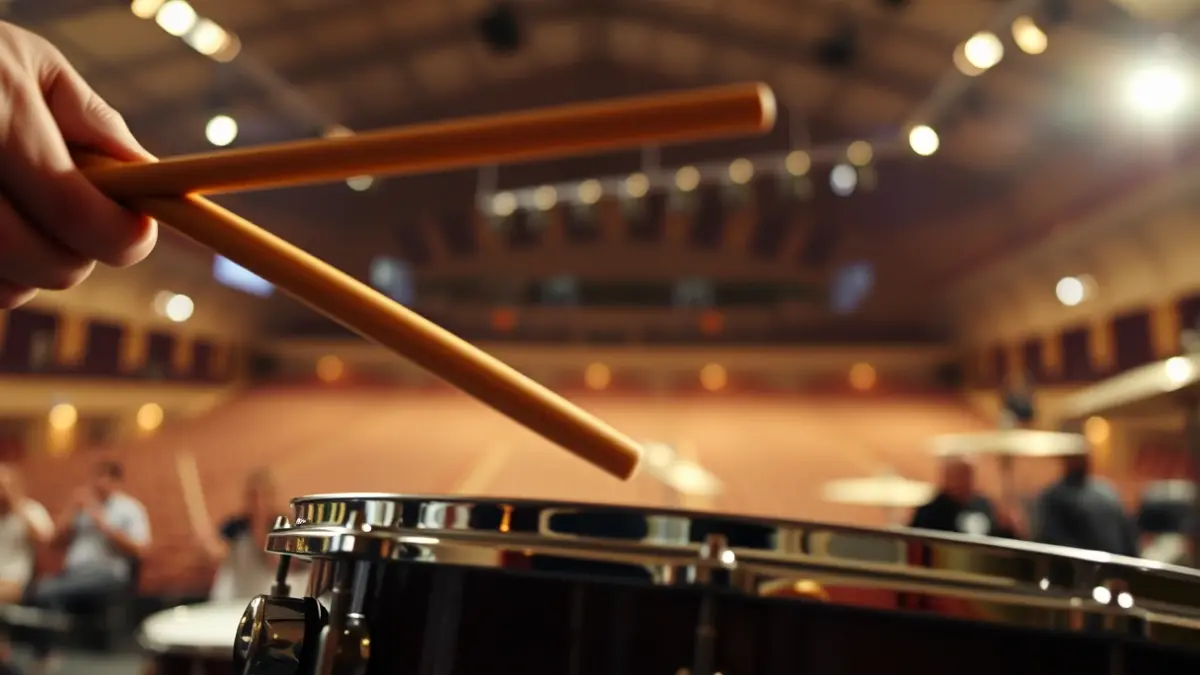 Tamborradako danborra jotzen ari diren makilen irudi generikoa, entsegu giroan.