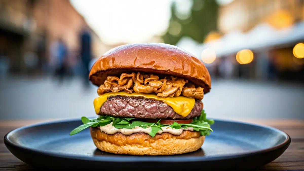 Imagen genérica de un primer plano de una hamburguesa gourmet con diversos ingredientes.