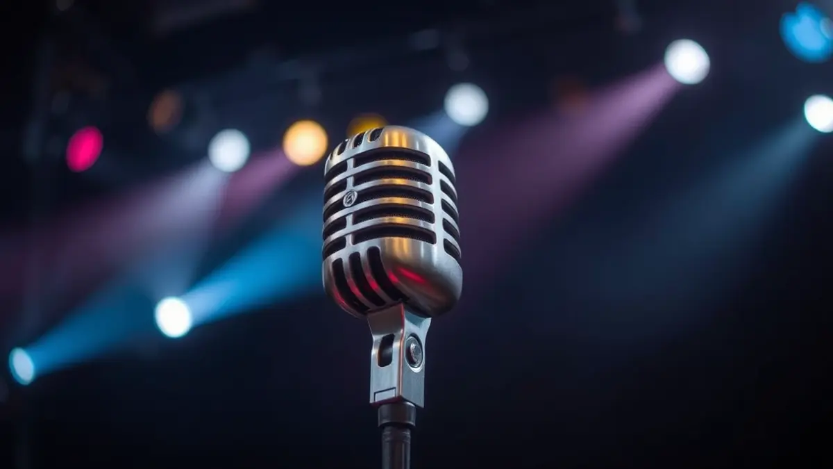 Generic image of a microphone on a rock concert stage.