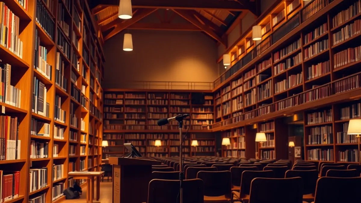Generic image of a library interior with wooden bookshelves and a microphone.