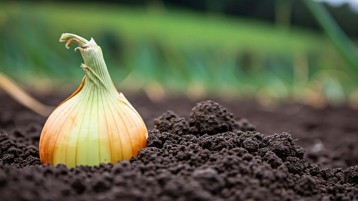 Generic image of a freshly harvested onion on the ground in an agricultural setting.
