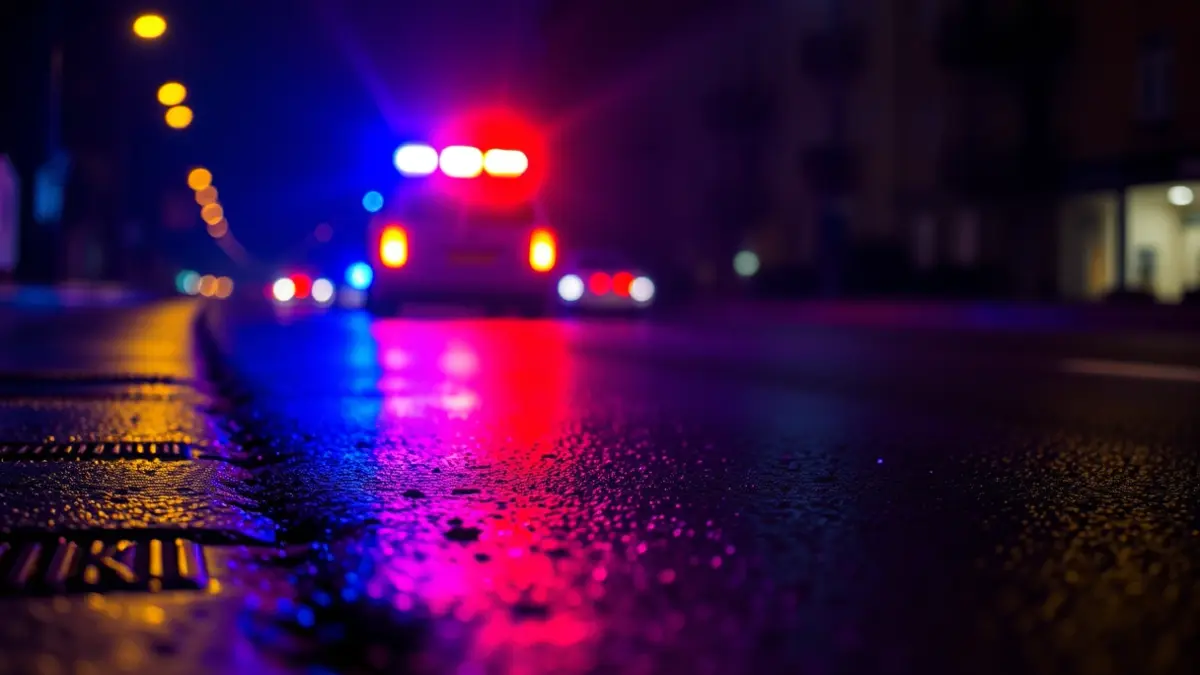 Generic image of blue and red emergency lights reflecting on wet asphalt at night.