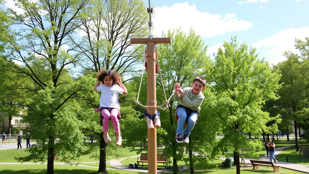 Niños jugando en una nueva tirolina en un parque de Getaria.