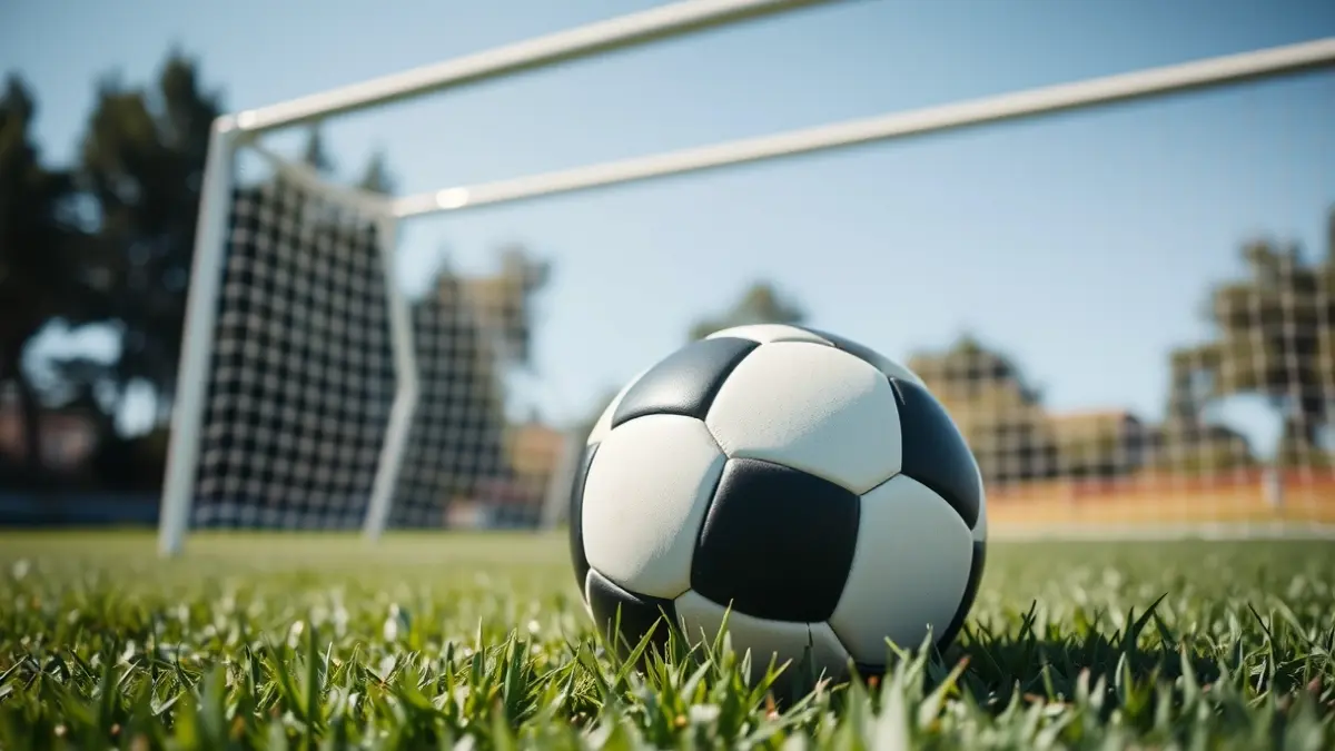 Generic image of a soccer ball on grass, with a blurred goal in the background.