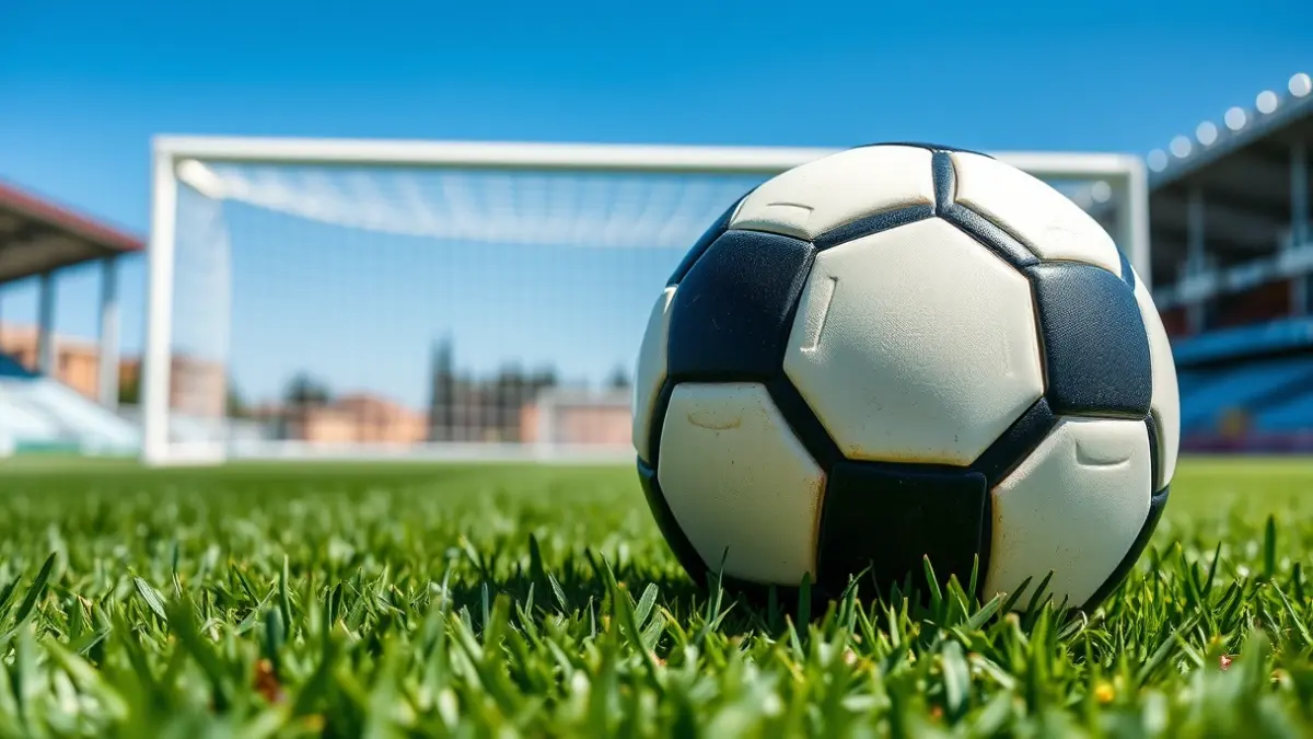 Generic image of a soccer ball on a field, with a goal net in the background.
