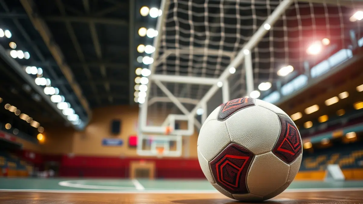Generic image of a handball on the court, with a blurred goal net in the background.