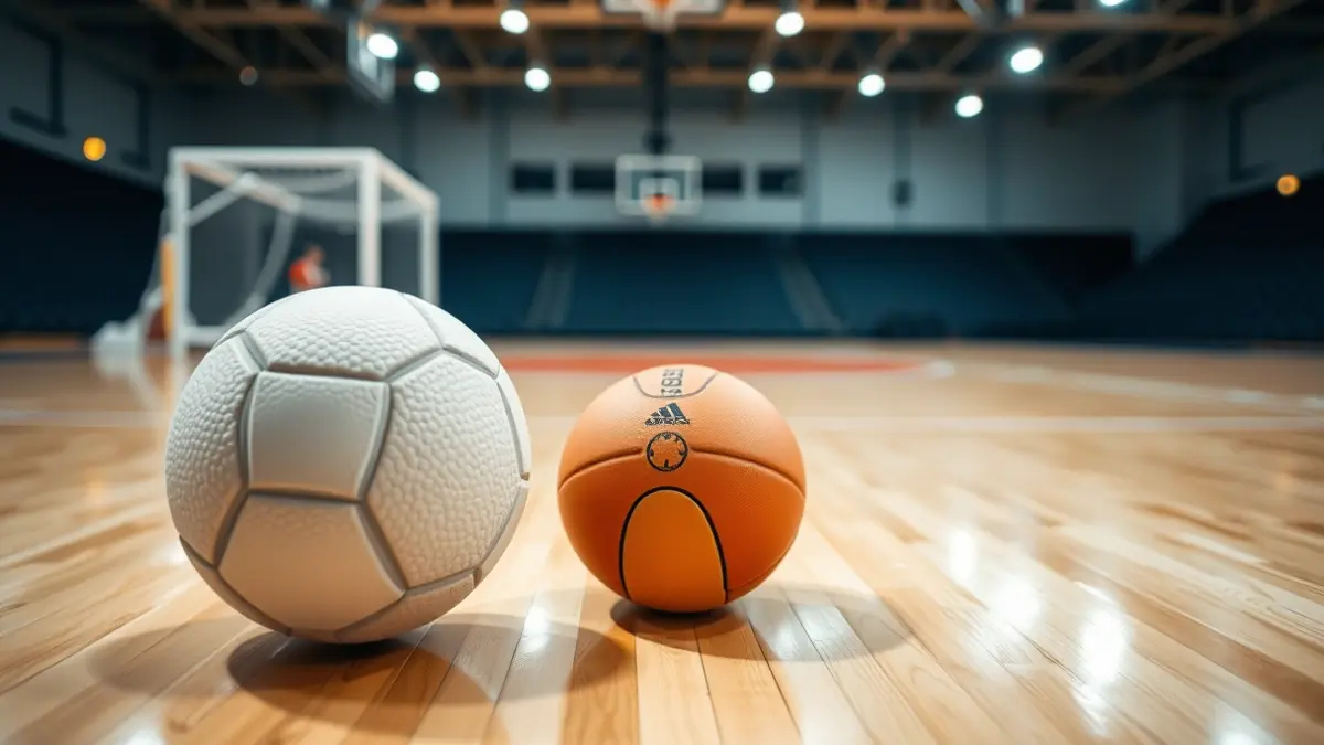 Handball resting on a polished court, with a blurred goal net in the background.