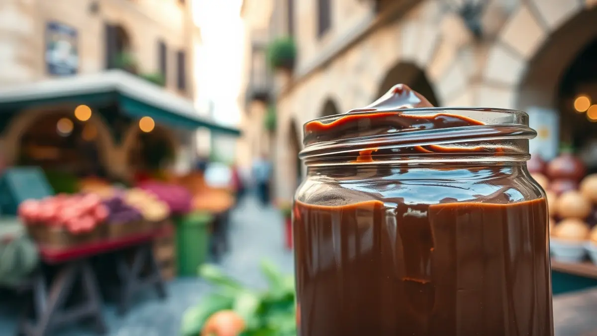 Generic image of a jar of chocolate hazelnut spread, with a blurred background of a traditional market in Tolosa.