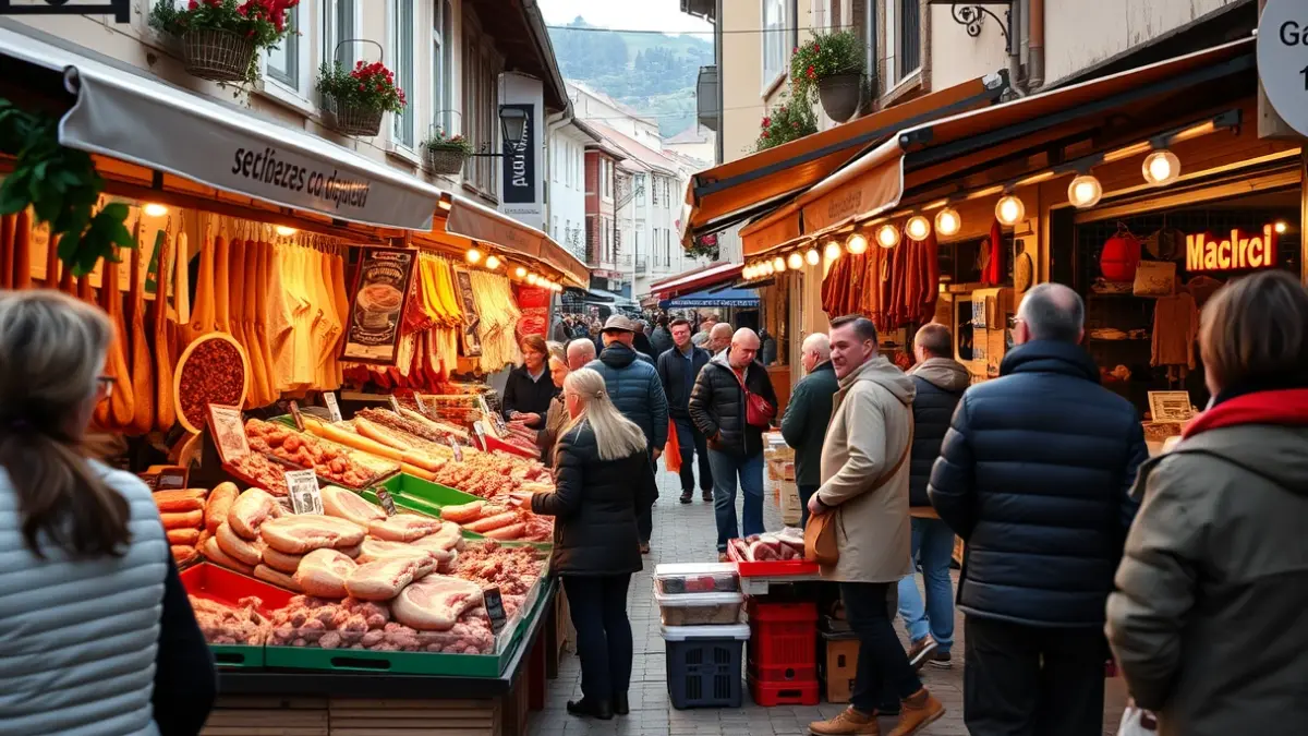Tolosako Bertako Haragien Azokaren irudi generikoa, postuak eta jendea erakusten dituena.