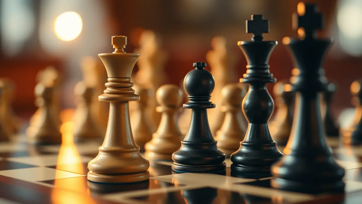 Tablero de ajedrez con piezas en medio de una partida, fondo desenfocado.