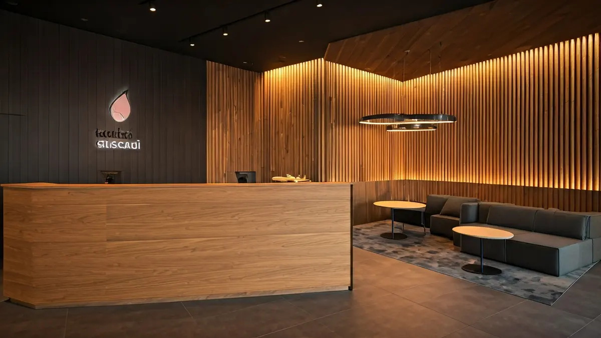 Irudi generikoa: Hotel moderno baten atondoa, argiztapen epelarekin eta eserleku erosoekin, turismo sektorearen etika eta iraunkortasuna irudikatuz.