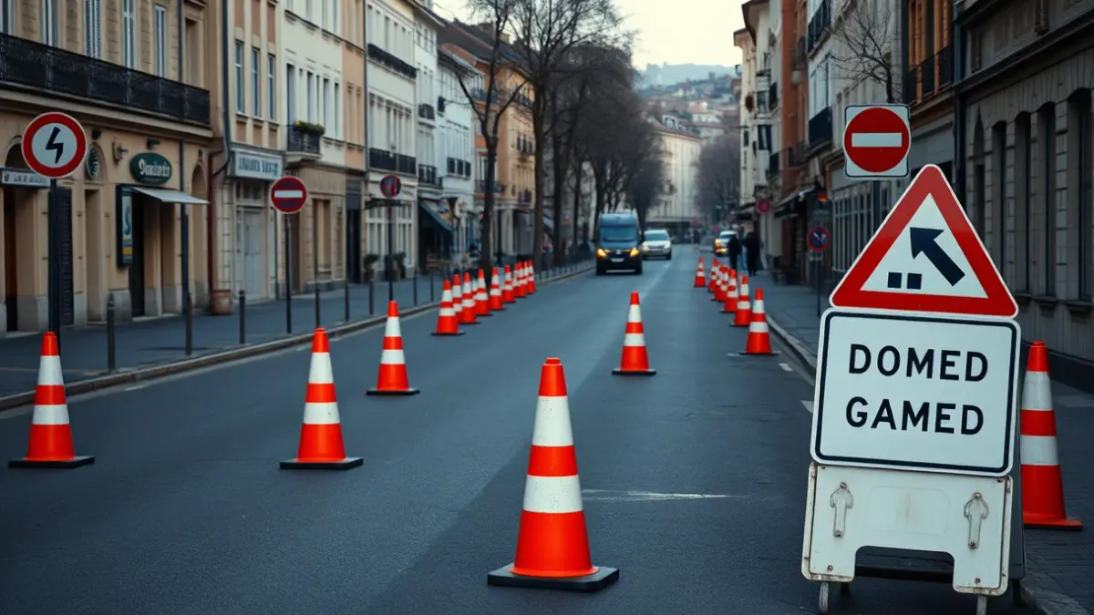 Generic image of an empty street with traffic signs and cones, indicating parking prohibitions.