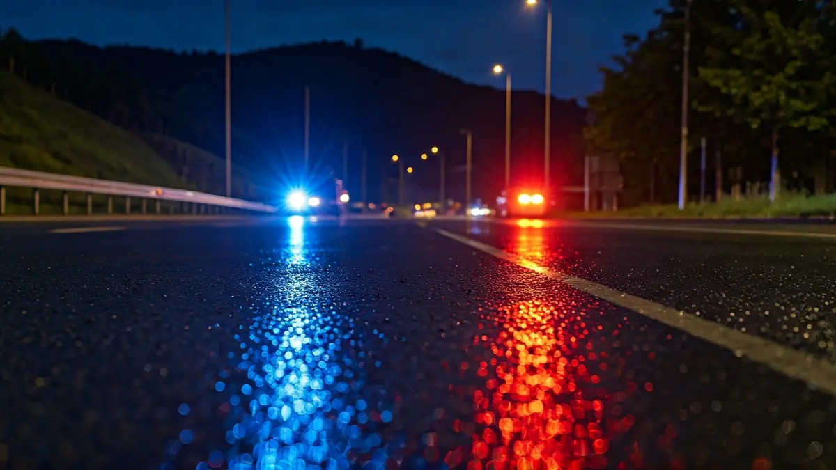 Irudi generikoa: Larrialdi-argiak asfalto hezean islatzen dira gauez, Euskadiko errepide batean.