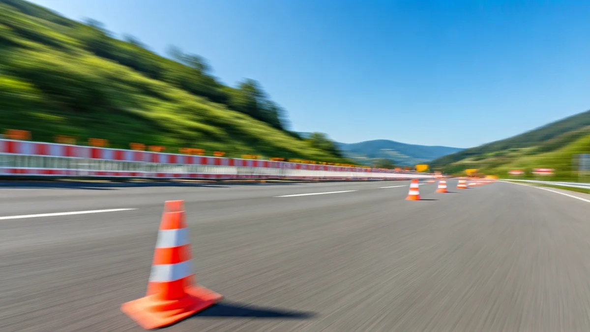 Irudi generikoa errepide batean trafiko-mozketak adierazten dituzten kono eta hesi laranjekin.