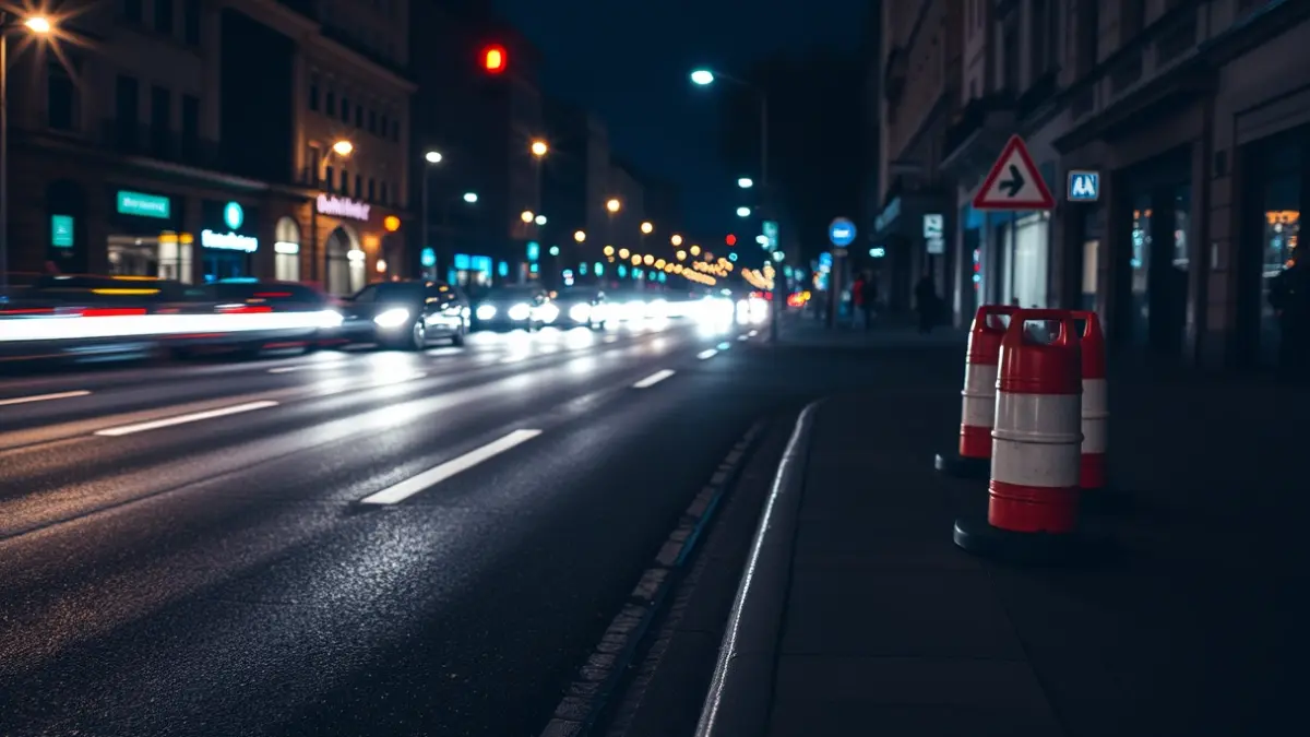 Generic image of a nighttime city traffic cut, with blurred lights and wet asphalt.