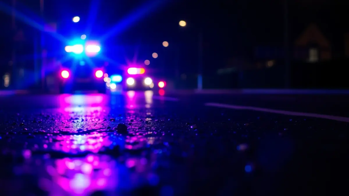 Irudi generikoa istripu baten ondoren errepide bustian islatzen diren larrialdi-argiena.