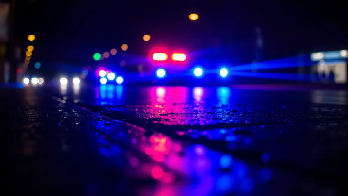 Imagen genérica de luces de emergencia reflejadas en asfalto mojado tras un accidente.