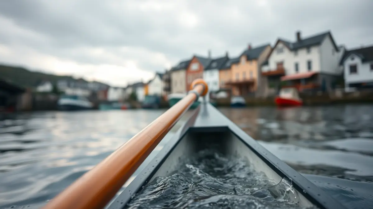 Remo de una trainera cortando el agua tranquila, con arquitectura costera vasca tradicional difuminada al fondo.
