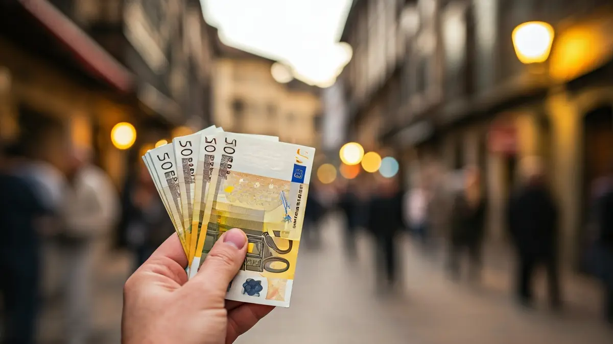 Diru-sorta bat esku batean, atzealdean jai-giroko kale bat lausotuta, Trapagaranen.