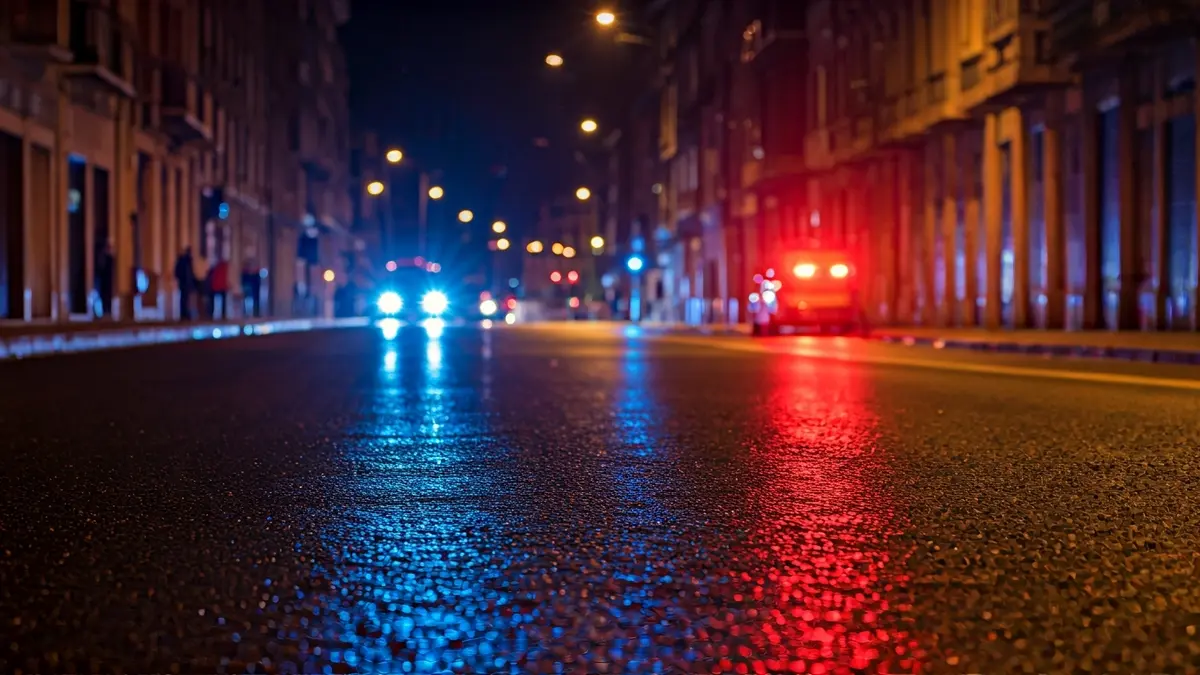 Generic image: Blue and red emergency lights reflecting on wet asphalt at night, in a Basque urban setting.