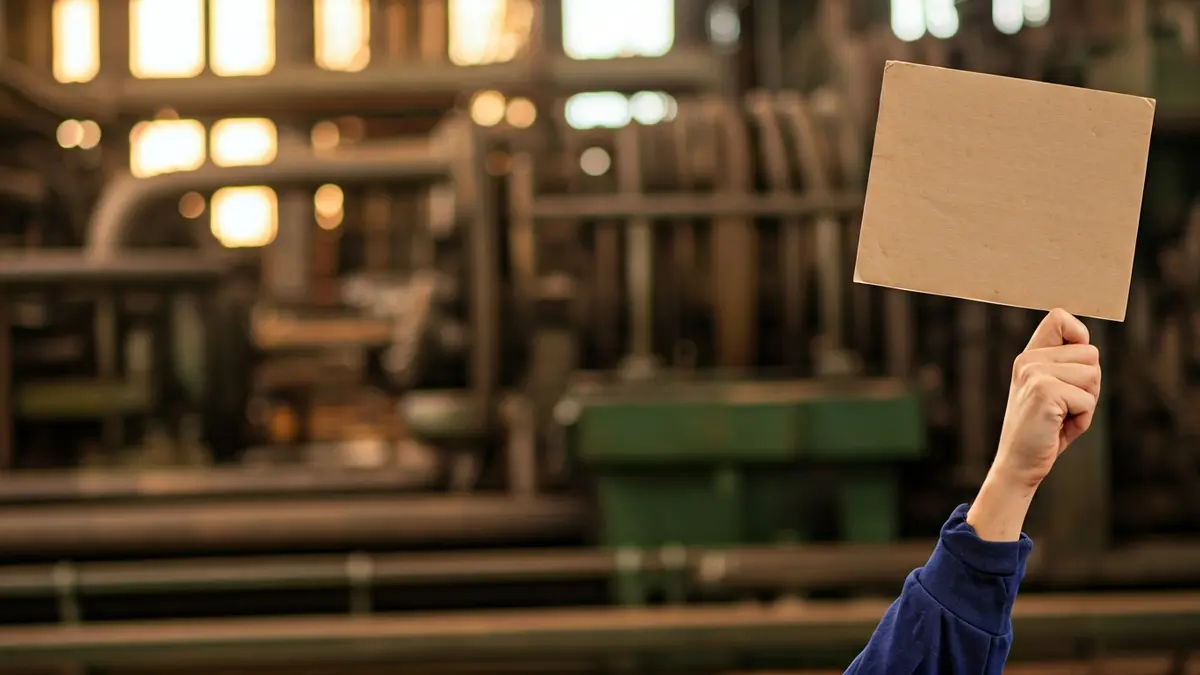 Irudi generikoa langile baten eskuak protesta kartel bat eusten, atzealdean industria-makineria lausoa duela.