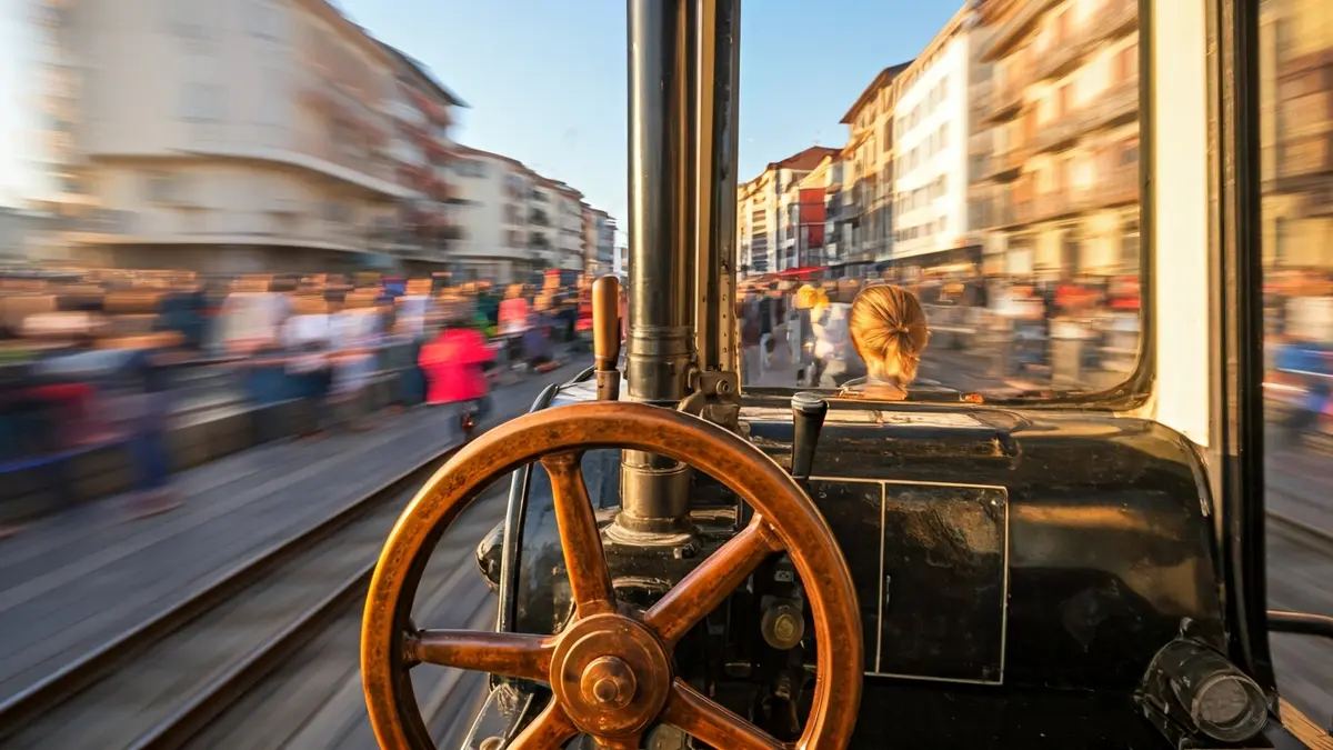 Generic image of a tourist train's steering wheel, with blurred children in the background.