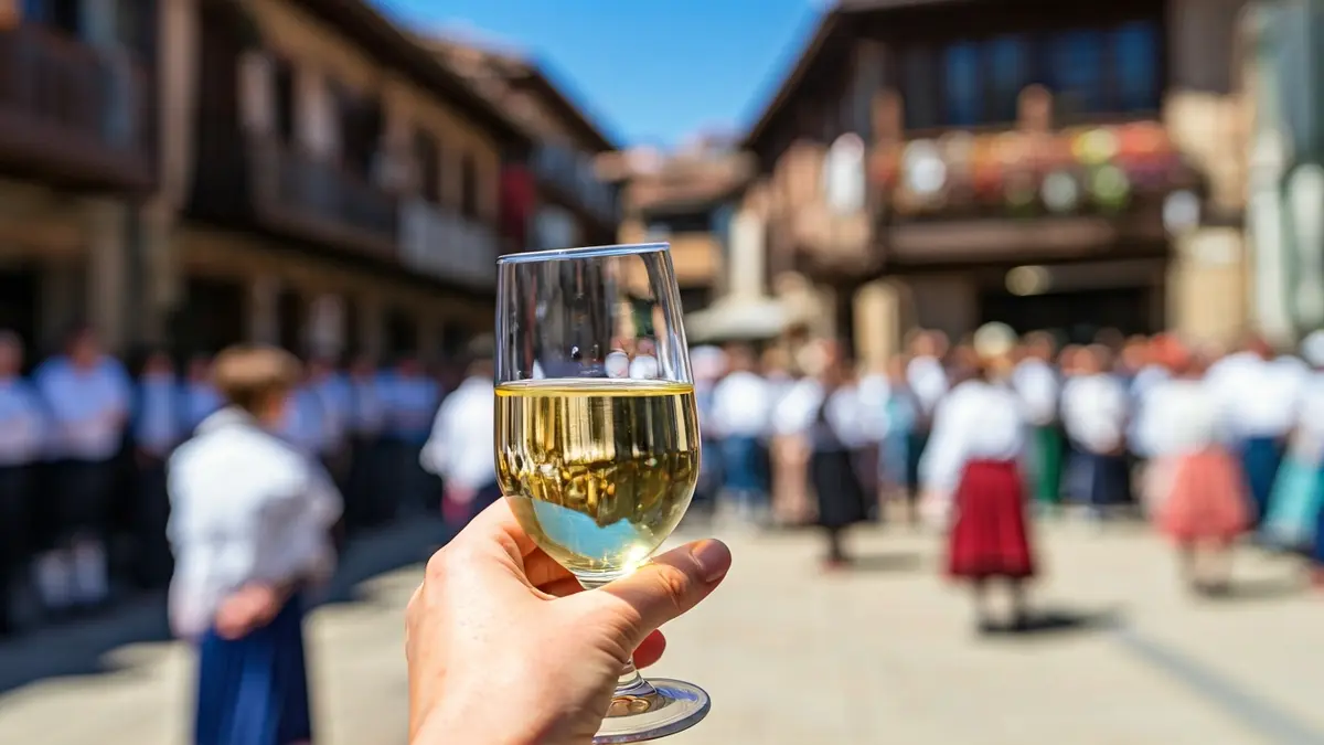Una copa de txakoli en una mano, con el fondo borroso de una plaza de pueblo vasco en un ambiente festivo.