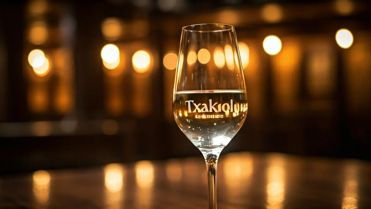 Txakoli ardoaren edalontzi baten irudi generikoa, atzealdean museo baten irudi lausoa duena.