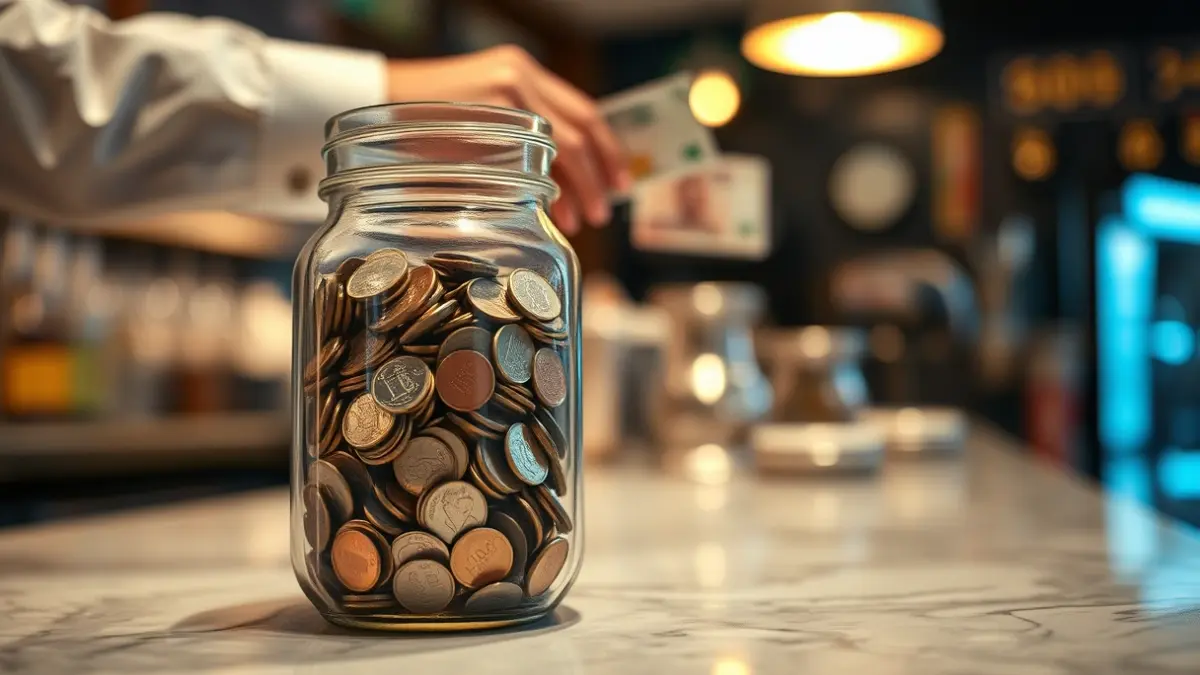 Imagen genérica de un bote de cristal lleno de monedas en una barra de bar.