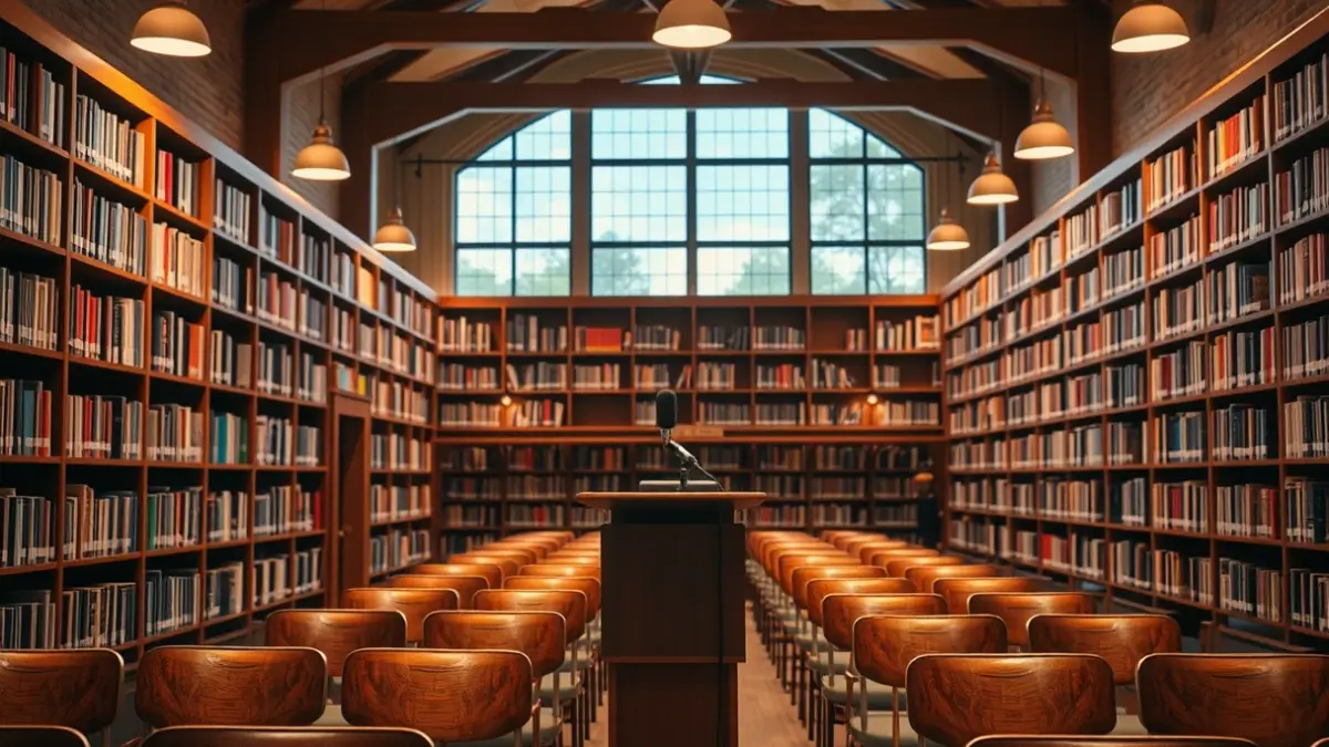 Irudi generikoa liburutegi bateko mikrofono baten aurrean, entzuleak zain.