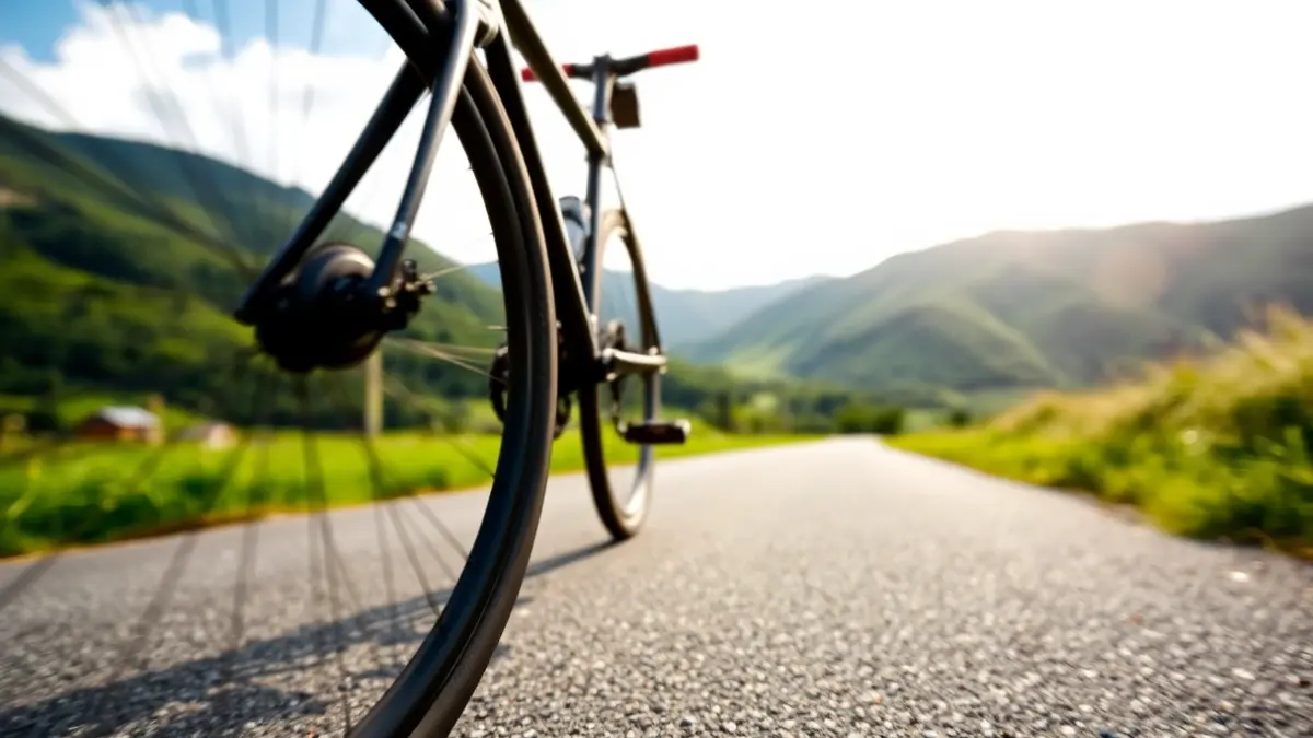 Generic image of a cyclist's wheel with a blurred mountainous landscape in the background.