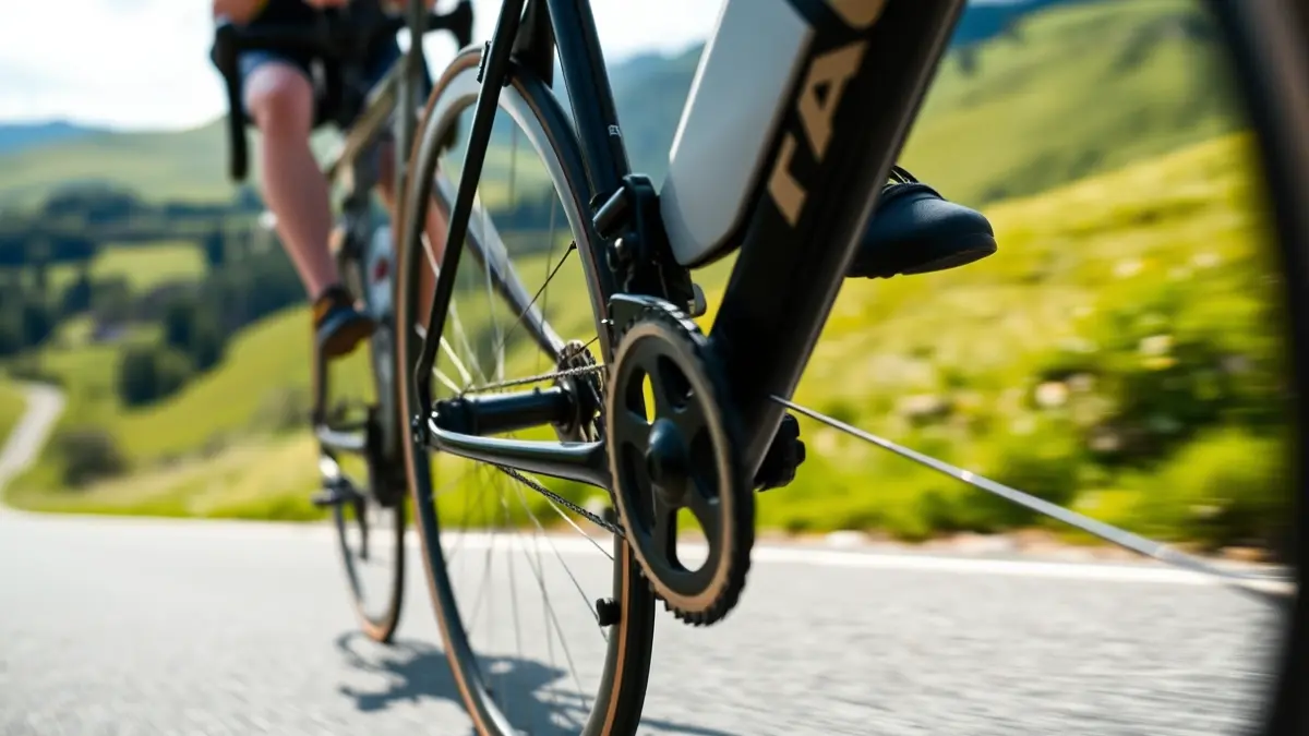 Close-up image of a racing bicycle wheel and frame on a road, blurred green landscape in the background, bright daylight, Euskadi scenery.
